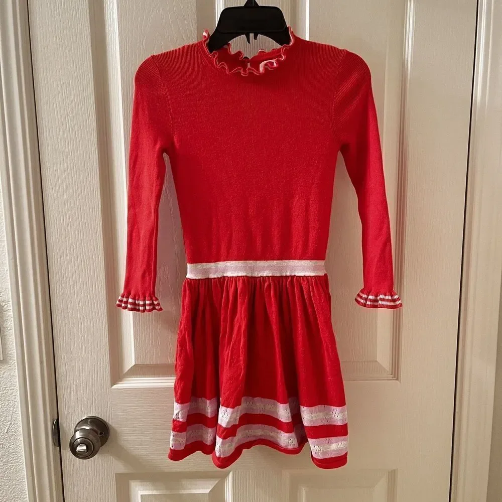 Mini Boden Long Sleeve Sweater Dress Striped Ruffle Neck Cuffs Girls Size 7-8